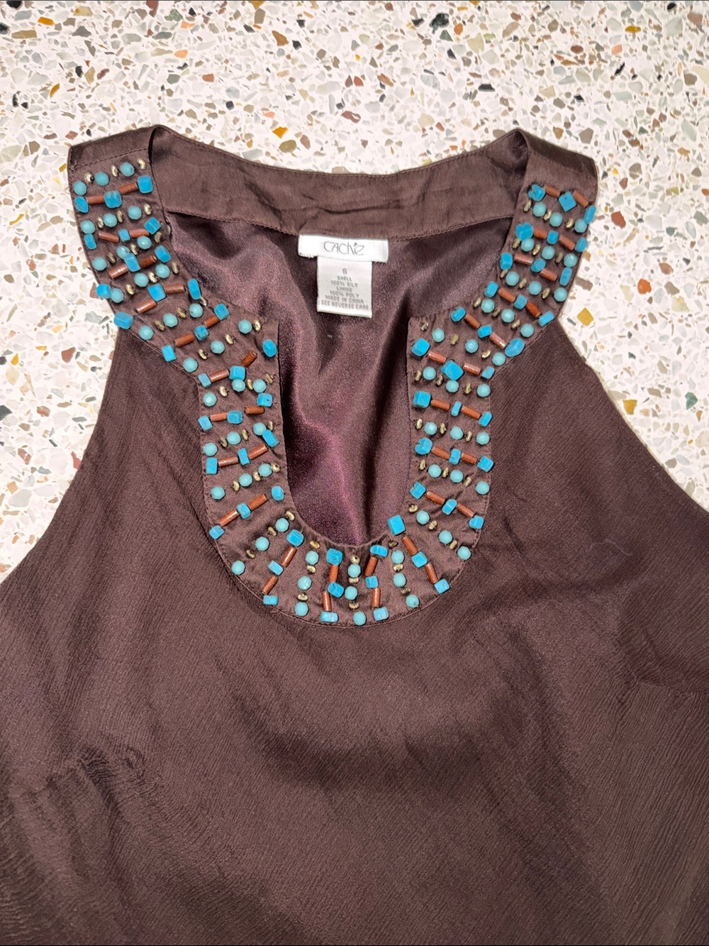 Cache brown 100% silk blouse turquoise embellished stone trim beads small s